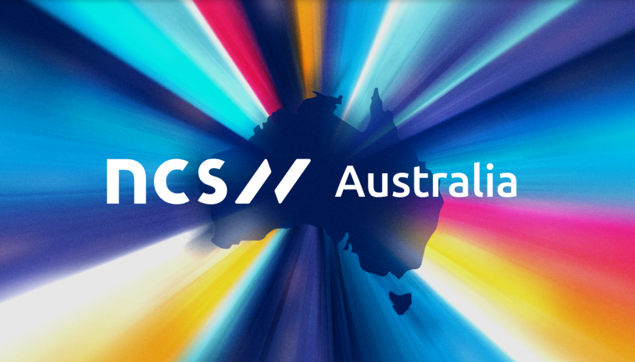 NCS Australia written in white text over an image of Australia on a colourful background.