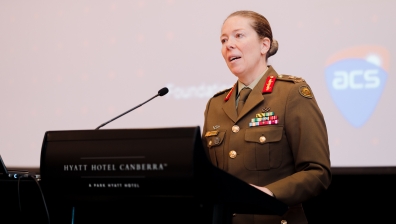 Department of Home Affairs National Cyber Security Coordinator Lieutenant General Michelle McGuinness CSC delivering an address 