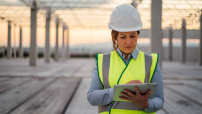 Woman in hard hat on construction site